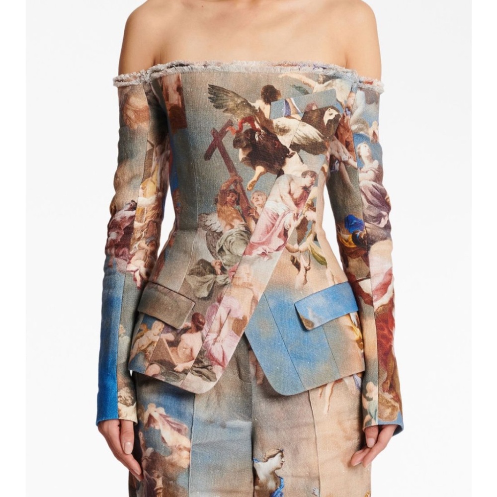 Balmain Sky-print off-the-shoulder jacket sz.36